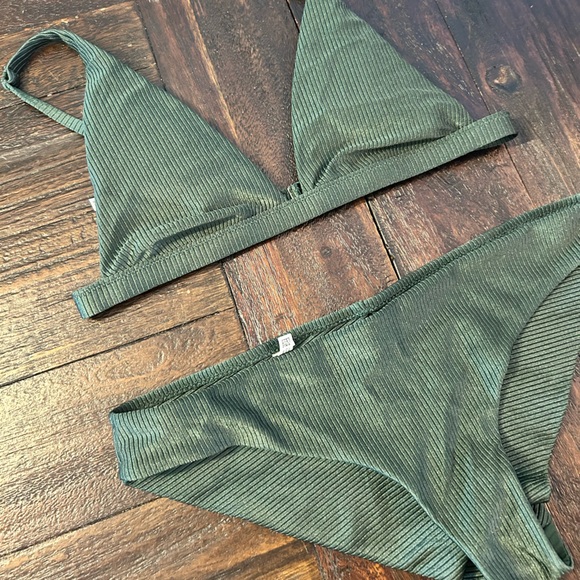 Aerie Olive Green Shine Ribbed Bikini- Triangle Top and Cheeky Bottoms - Picture 2 of 14
